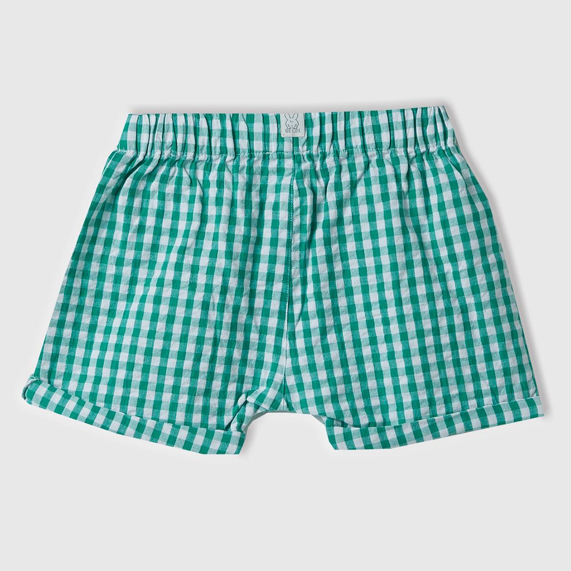 Bebek Yeşil Tamamı Ekose Desenli Beli Büzgülü Dekoratif Düğmeli Şort