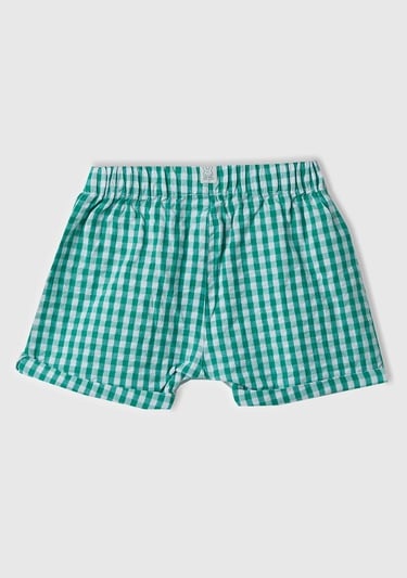  Bebek Yeşil Tamamı Ekose Desenli Beli Büzgülü Dekoratif Düğmeli Şort