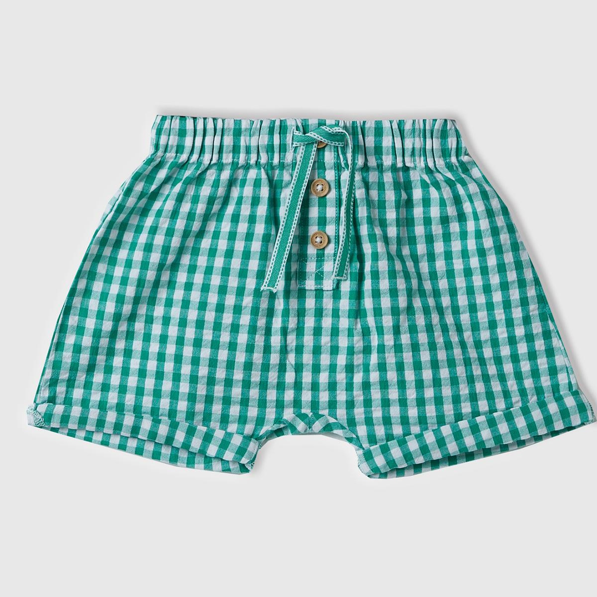 Bebek Yeşil Tamamı Ekose Desenli Beli Büzgülü Dekoratif Düğmeli Şort