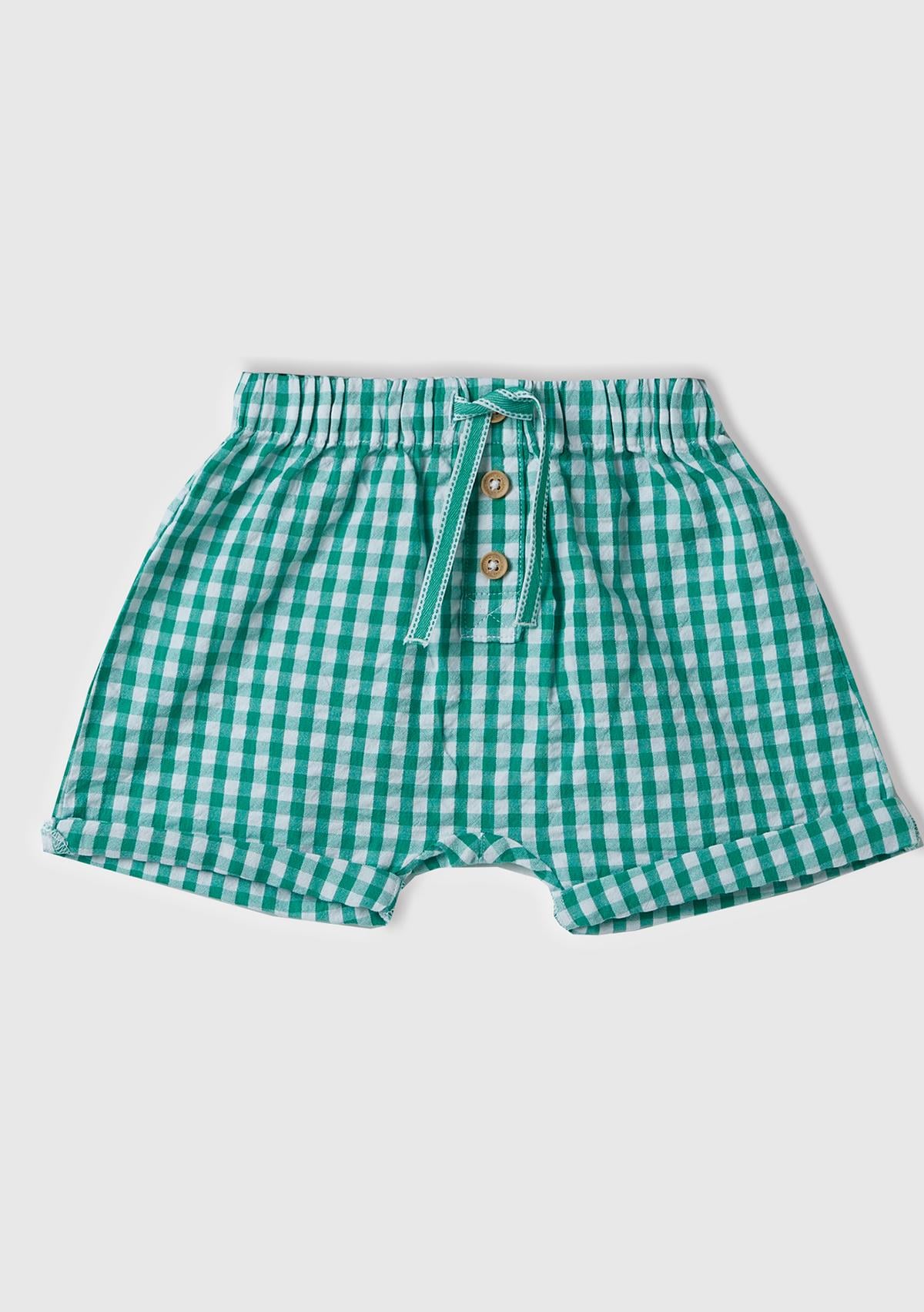  Bebek Yeşil Tamamı Ekose Desenli Beli Büzgülü Dekoratif Düğmeli Şort