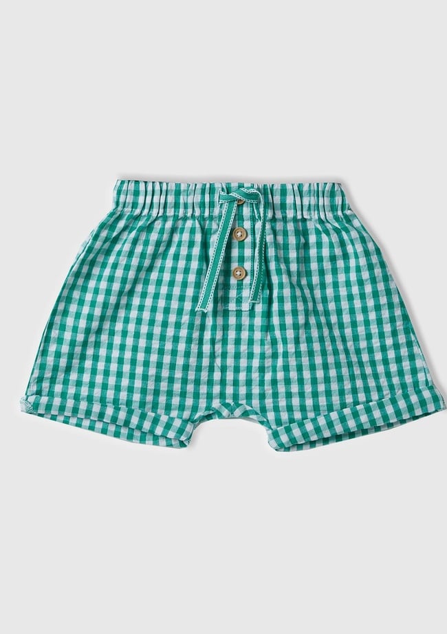  Bebek Yeşil Tamamı Ekose Desenli Beli Büzgülü Dekoratif Düğmeli Şort