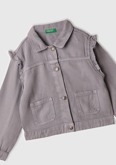  Kız Çocuk Lila %100 Liyosel Taş Yıkama Omzu Fırfırlı Denim Ceket