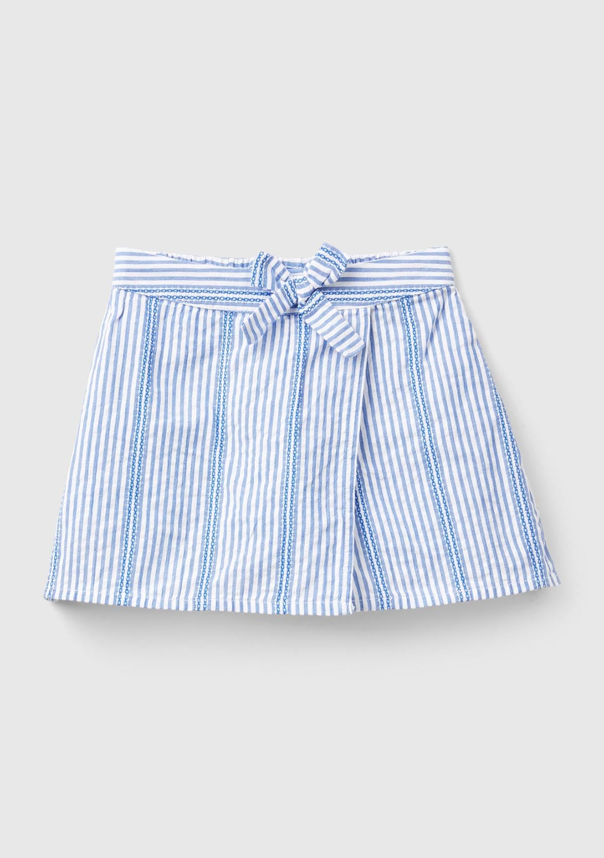  Kız Çocuk Açık Mavi Arkası Elastik Bantlı Önü Fiyonklu Çizgili Anvelop Şort