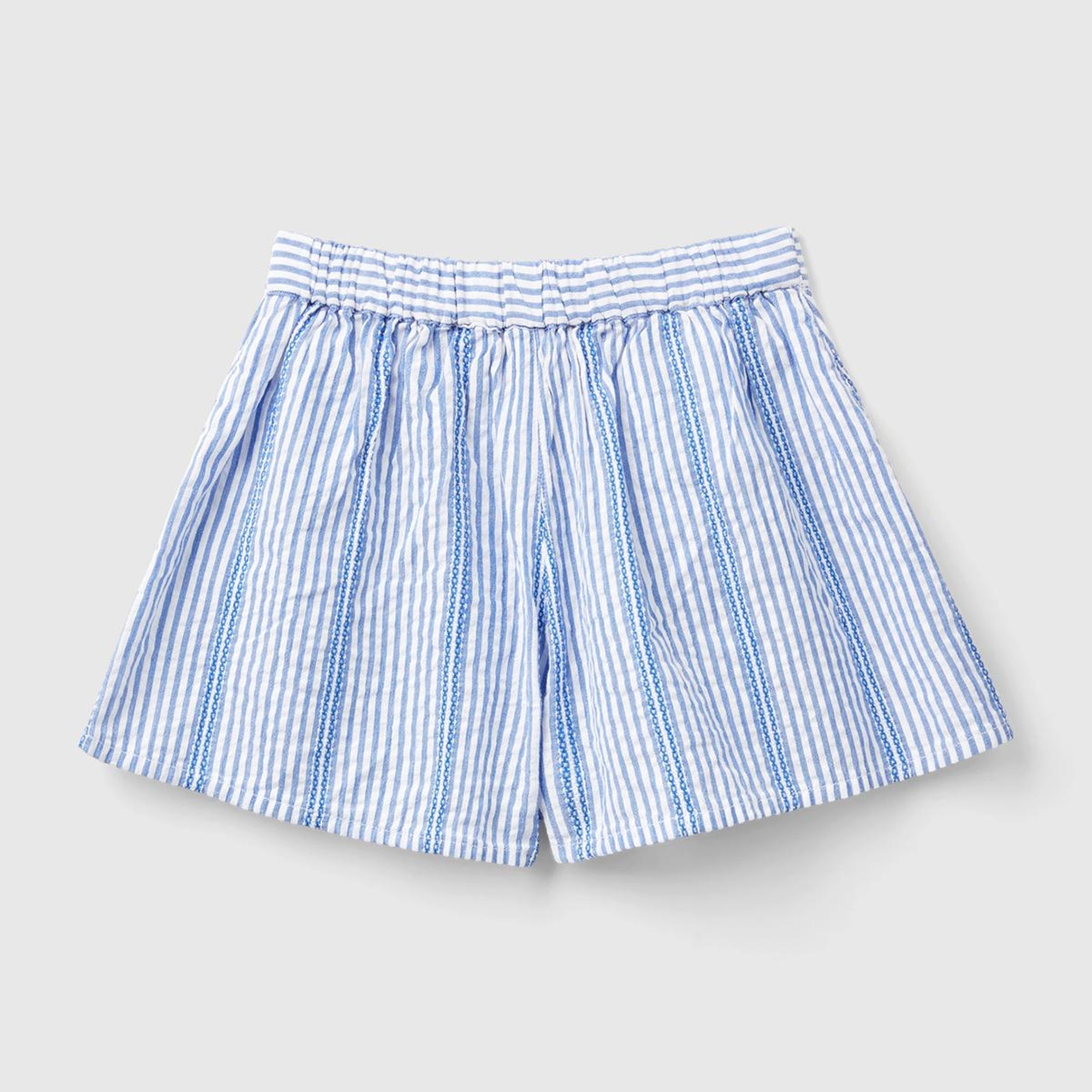 Kız Çocuk Açık Mavi Arkası Elastik Bantlı Önü Fiyonklu Çizgili Anvelop Şort