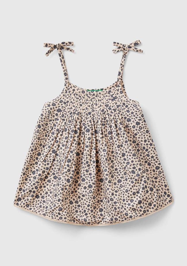  Kız Çocuk Kahverengi Mix Önü ve Arkası Kıvrım Detaylı Fiyonk Askılı Desenli Bluz