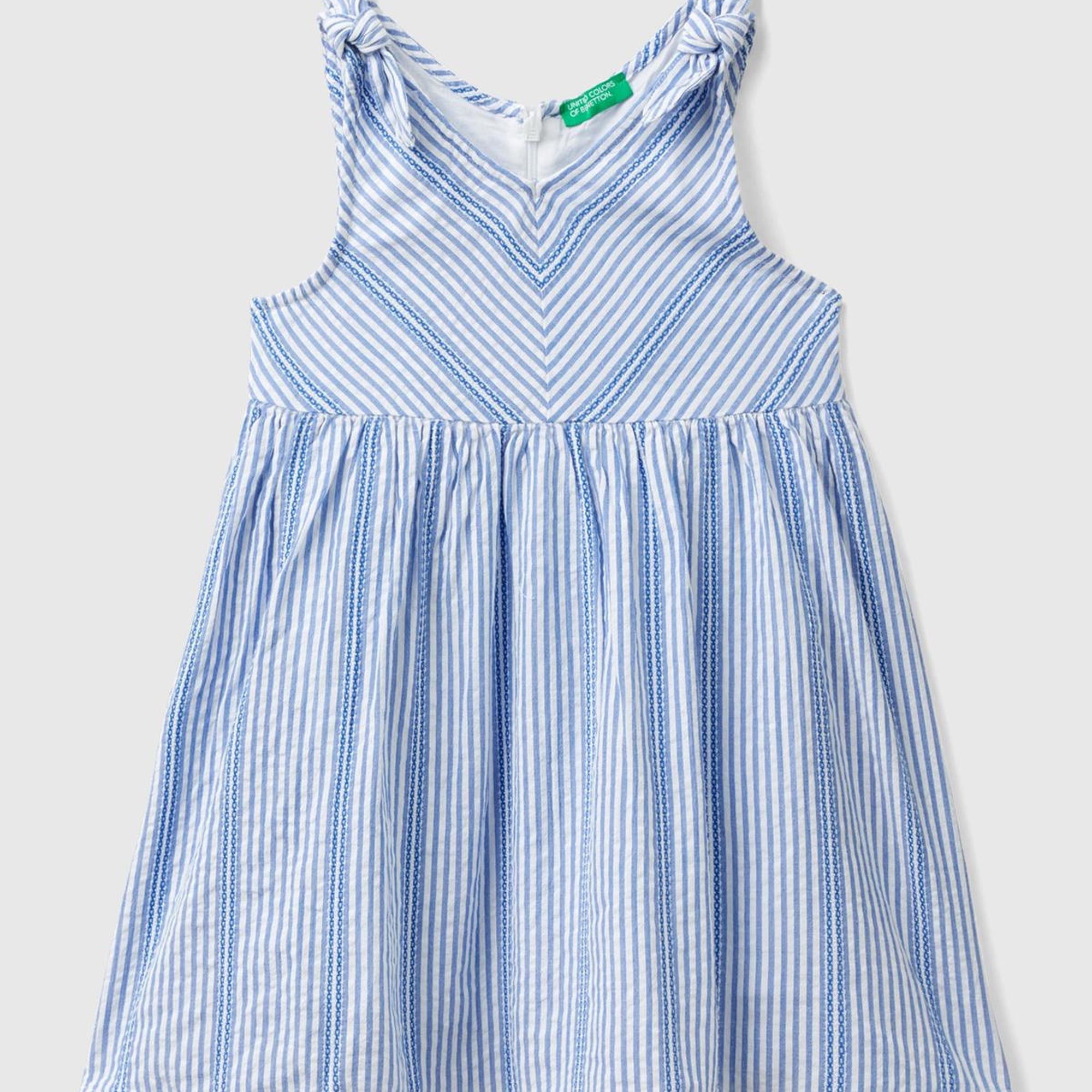 Kız Çocuk Açık Mavi Çizgi Detaylı Sırt Fermuarlı Fiyonk Askılı Elbise