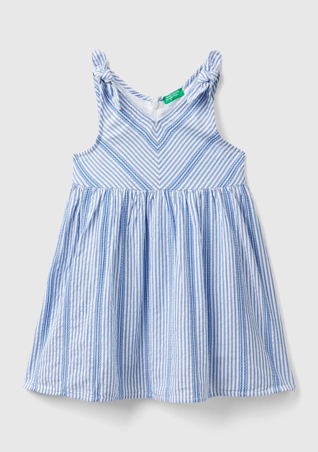  Kız Çocuk Açık Mavi Çizgi Detaylı Sırt Fermuarlı Fiyonk Askılı Elbise