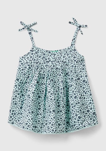  Kız Çocuk Açık Mavi Mix Önü ve Arkası Kıvrım Detaylı Fiyonk Askılı Desenli Bluz