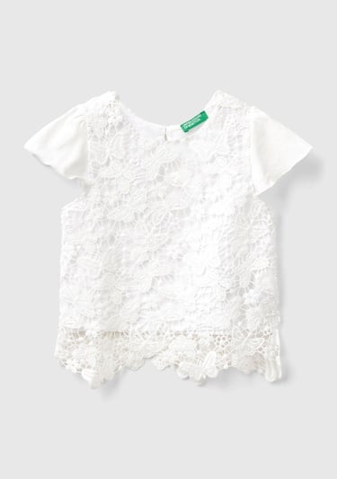  Kız Çocuk Beyaz. Kolları Fırfırlı Etek Ucu Kesik Detaylı Bisiklet Yaka Bluz
