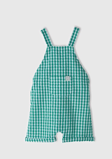  Bebek Yeşil Tamamı Ekose Desenli Yama Cepli Arkası Çapraz Askılı Tulum