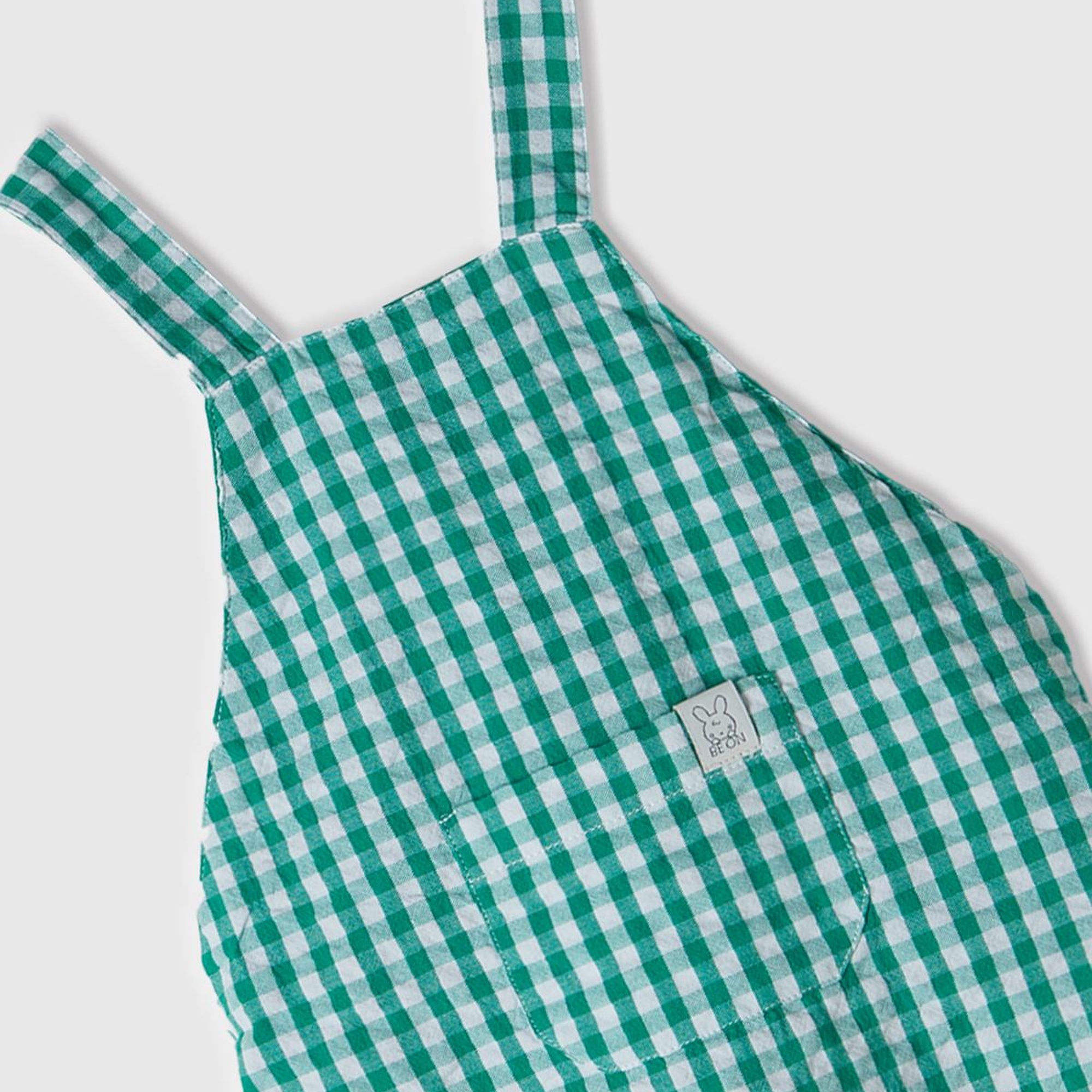 Bebek Yeşil Tamamı Ekose Desenli Yama Cepli Arkası Çapraz Askılı Tulum