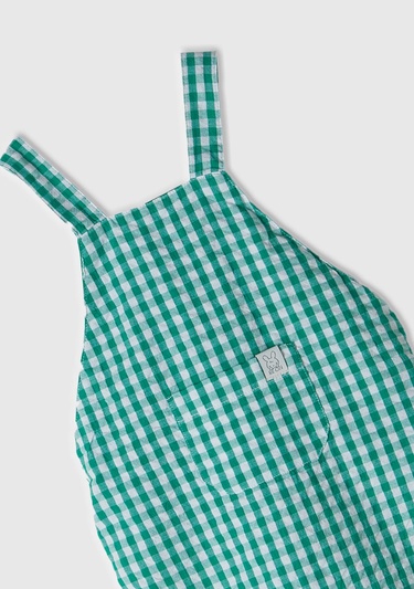  Bebek Yeşil Tamamı Ekose Desenli Yama Cepli Arkası Çapraz Askılı Tulum