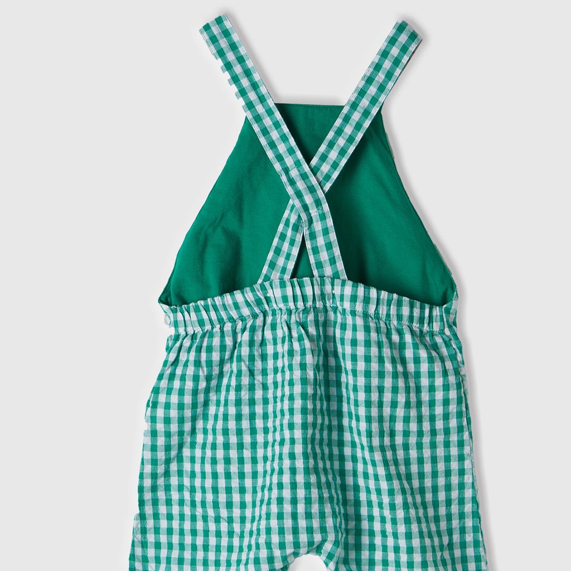 Bebek Yeşil Tamamı Ekose Desenli Yama Cepli Arkası Çapraz Askılı Tulum