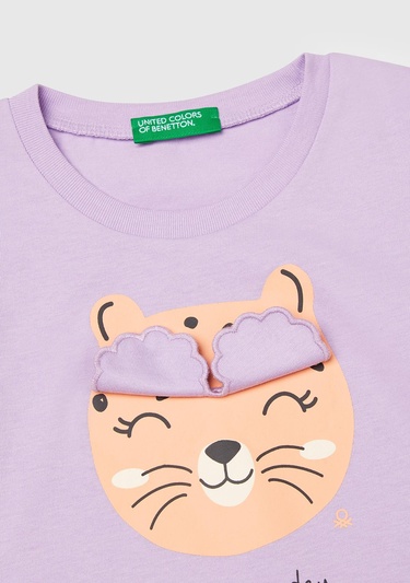  Kız Çocuk Lila Önü Baskılı Bisiklet Yaka T-Shirt