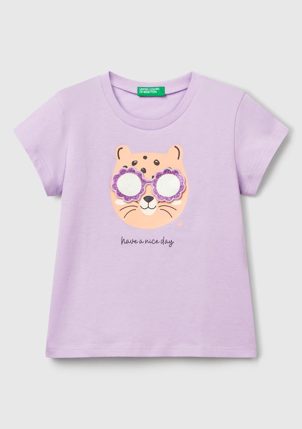  Kız Çocuk Lila Önü Baskılı Bisiklet Yaka T-Shirt