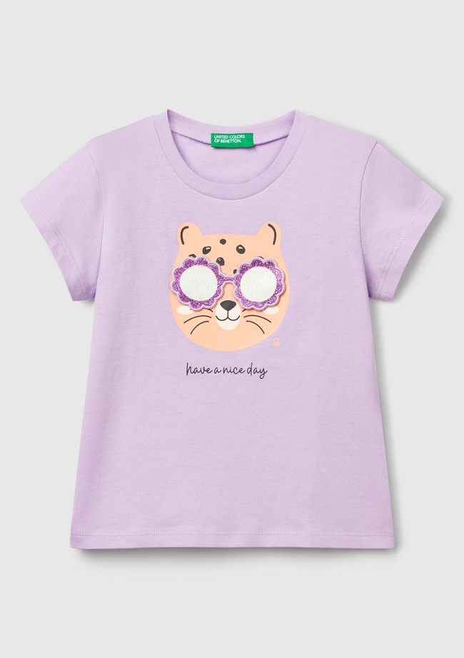  Kız Çocuk Lila Önü Baskılı Bisiklet Yaka T-Shirt