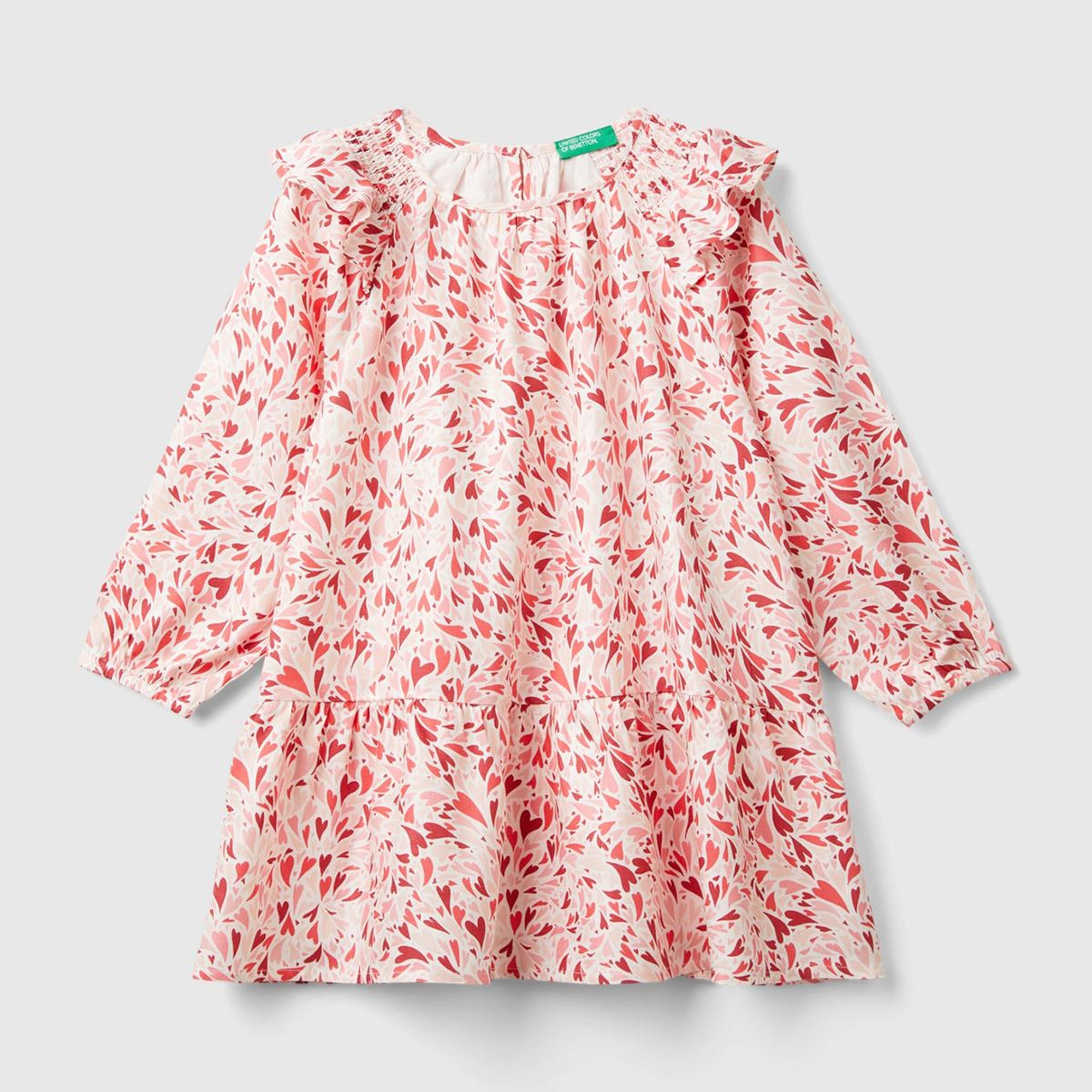 Kız Çocuk Pembe Mix Tamamı Desenli Yakası Fırfır Detaylı Uzun Kollu Elbise