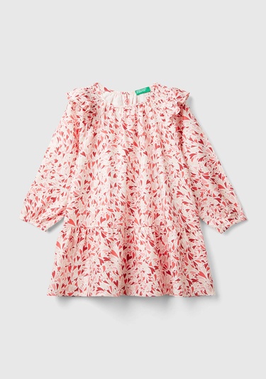  Kız Çocuk Pembe Mix Tamamı Desenli Yakası Fırfır Detaylı Uzun Kollu Elbise