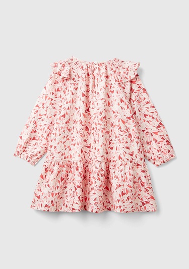  Kız Çocuk Pembe Mix Tamamı Desenli Yakası Fırfır Detaylı Uzun Kollu Elbise