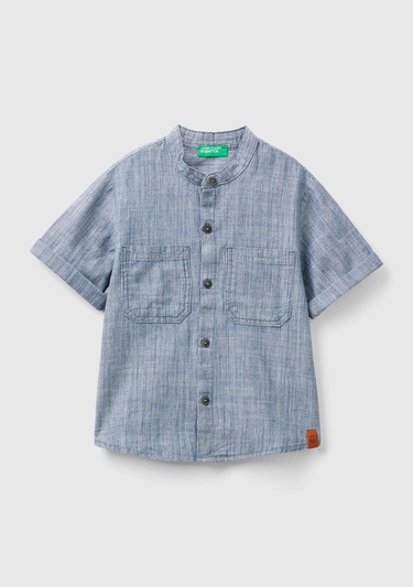  Erkek Çocuk Mavi-Beyaz Önü Logo Detaylı Yama Cepli Hakim Yaka Kısa Kollu Gömlek