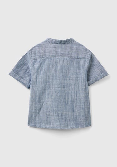  Erkek Çocuk Mavi-Beyaz Önü Logo Detaylı Yama Cepli Hakim Yaka Kısa Kollu Gömlek