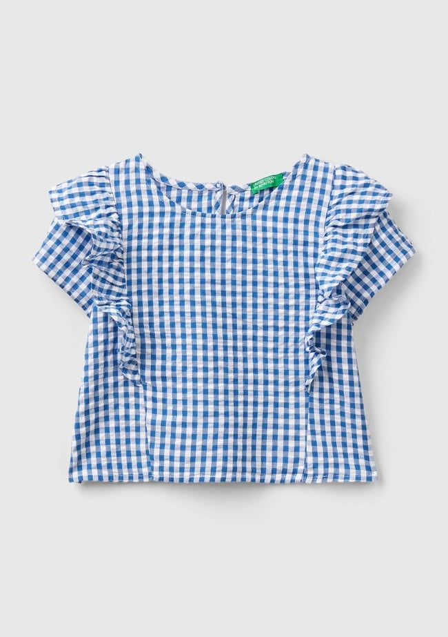  Kız Çocuk Mavi-Beyaz Tamamı Desenli Önü ve Arkası Fırfır Detaylı Düğmeli Bluz