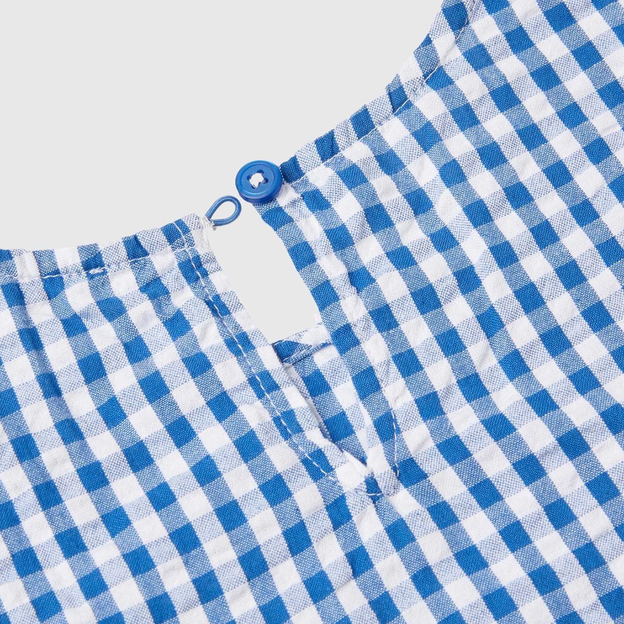 Kız Çocuk Mavi-Beyaz Tamamı Desenli Önü ve Arkası Fırfır Detaylı Düğmeli Bluz