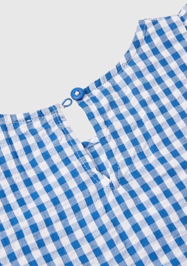  Kız Çocuk Mavi-Beyaz Tamamı Desenli Önü ve Arkası Fırfır Detaylı Düğmeli Bluz