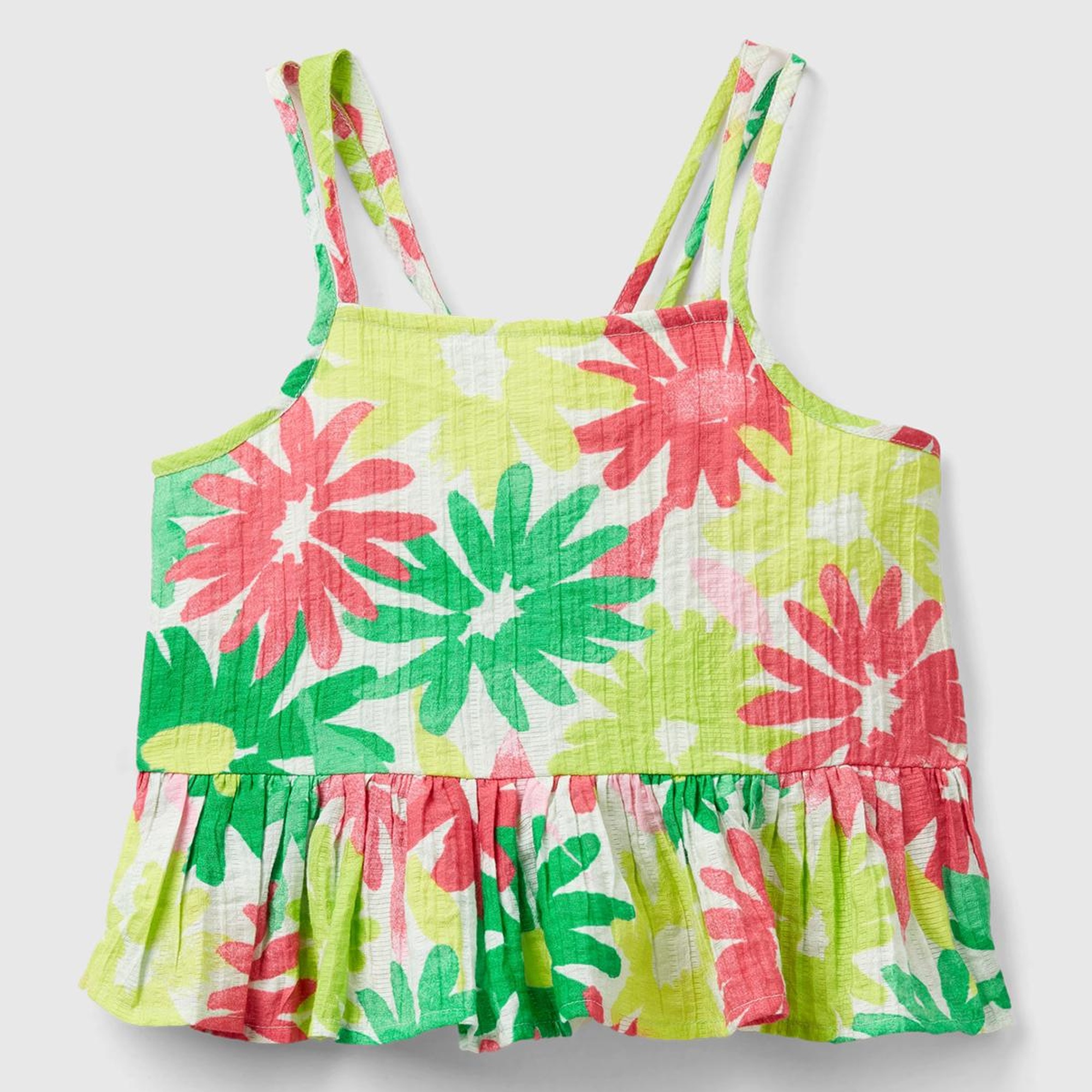 Kız Çocuk Yeşil- Pembe Tamamı Çiçek Baskılı Arkası Çapraz Detaylı Fırfırlı Bluz