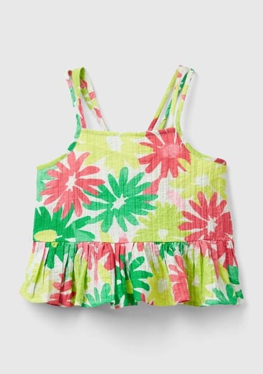  Kız Çocuk Yeşil- Pembe Tamamı Çiçek Baskılı Arkası Çapraz Detaylı Fırfırlı Bluz