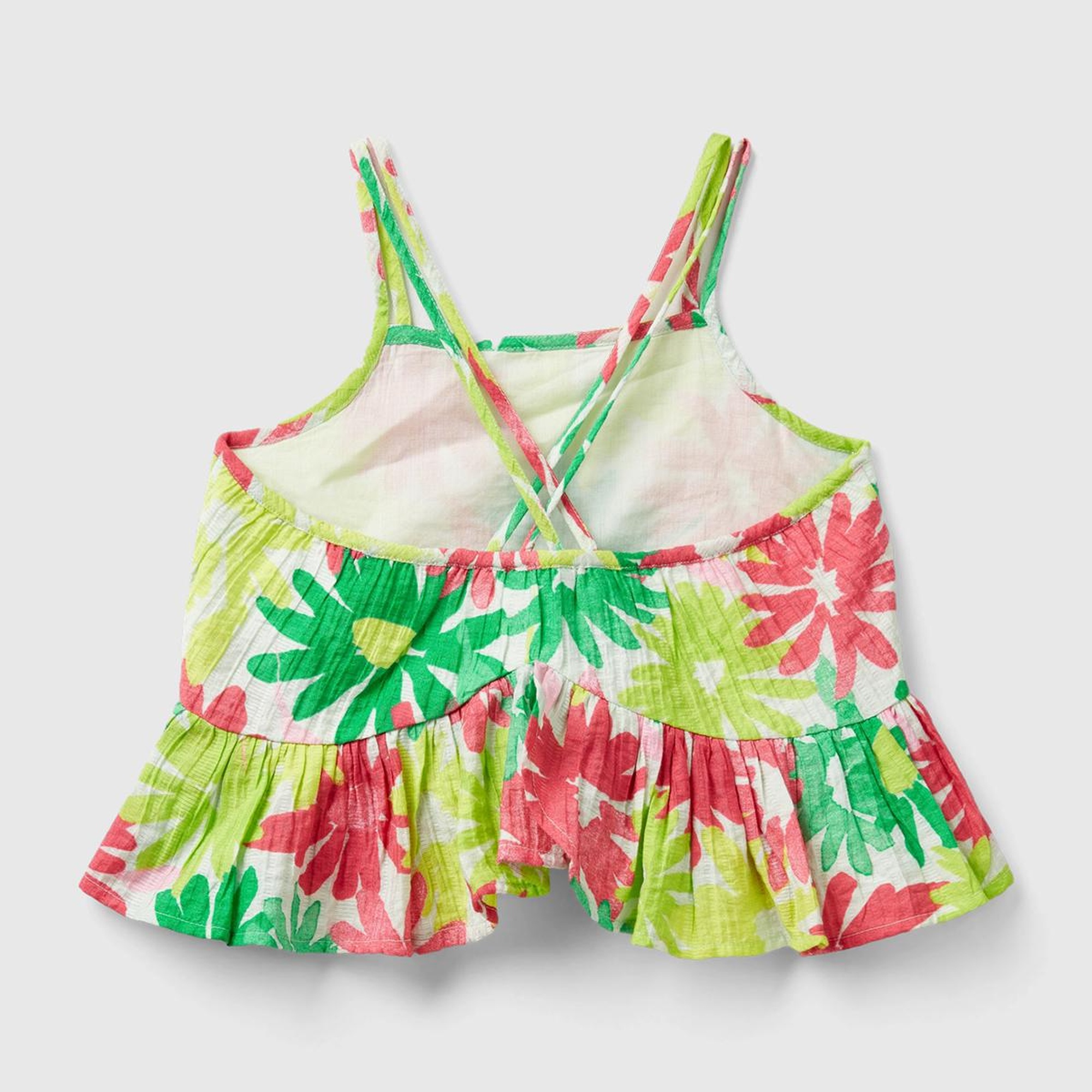 Kız Çocuk Yeşil- Pembe Tamamı Çiçek Baskılı Arkası Çapraz Detaylı Fırfırlı Bluz