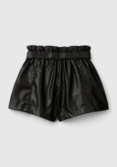  Kız Çocuk Siyah Beli Lastikli Kuşaklı Ribana Detaylı Suni Deri Şort