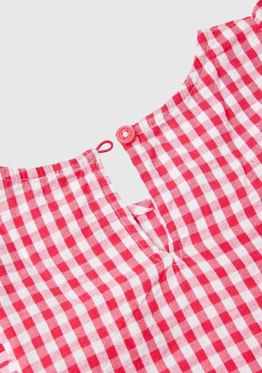  Kız Çocuk Kırmızı Tamamı Desenli Önü ve Arkası Fırfır Detaylı Düğmeli Bluz