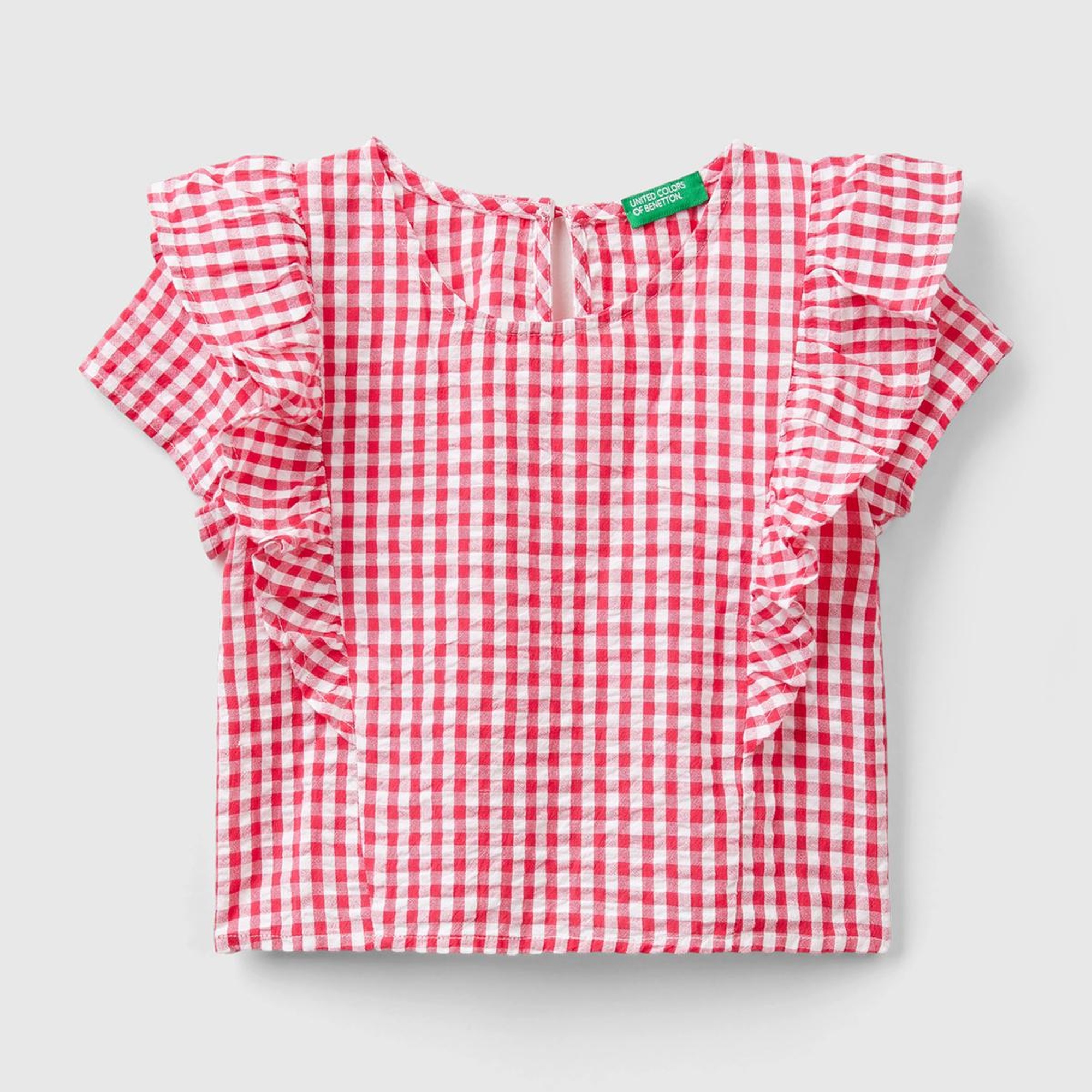 Kız Çocuk Kırmızı Tamamı Desenli Önü ve Arkası Fırfır Detaylı Düğmeli Bluz