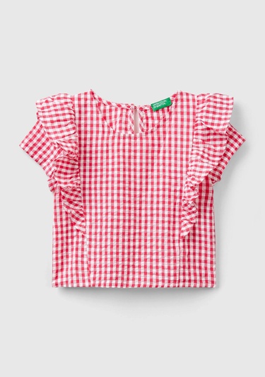  Kız Çocuk Kırmızı Tamamı Desenli Önü ve Arkası Fırfır Detaylı Düğmeli Bluz