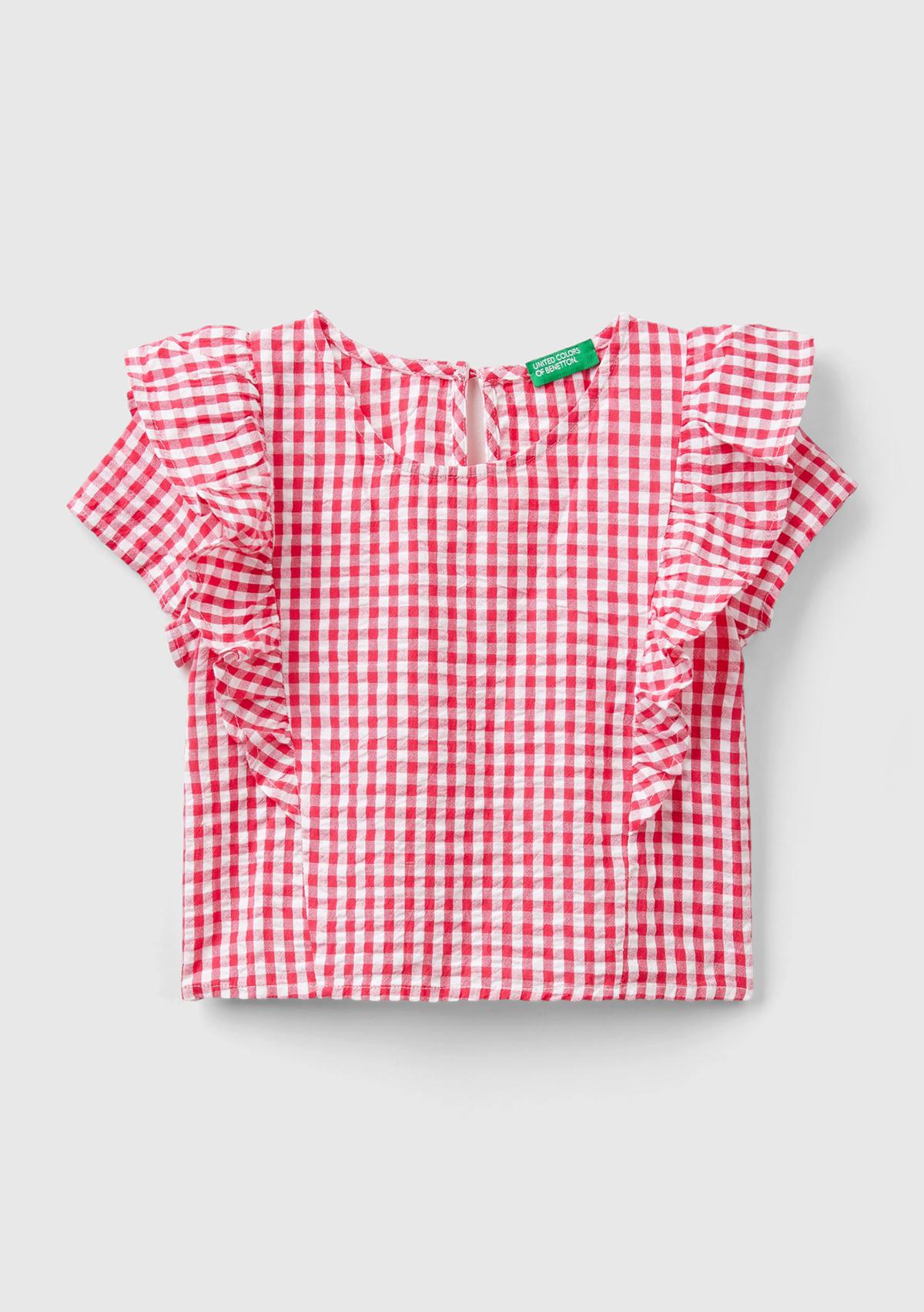  Kız Çocuk Kırmızı Tamamı Desenli Önü ve Arkası Fırfır Detaylı Düğmeli Bluz