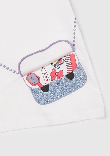  Kız Çocuk Beyaz Önü Baskılı Bisiklet Yaka T-Shirt