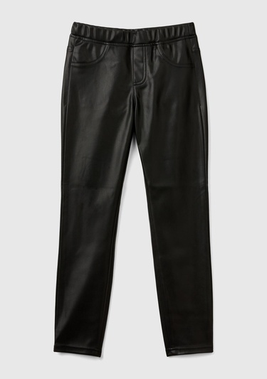  Kız Çocuk Siyah Önü Yalancı Arkası Yama Cepli Streç Suni Deri Pantolon
