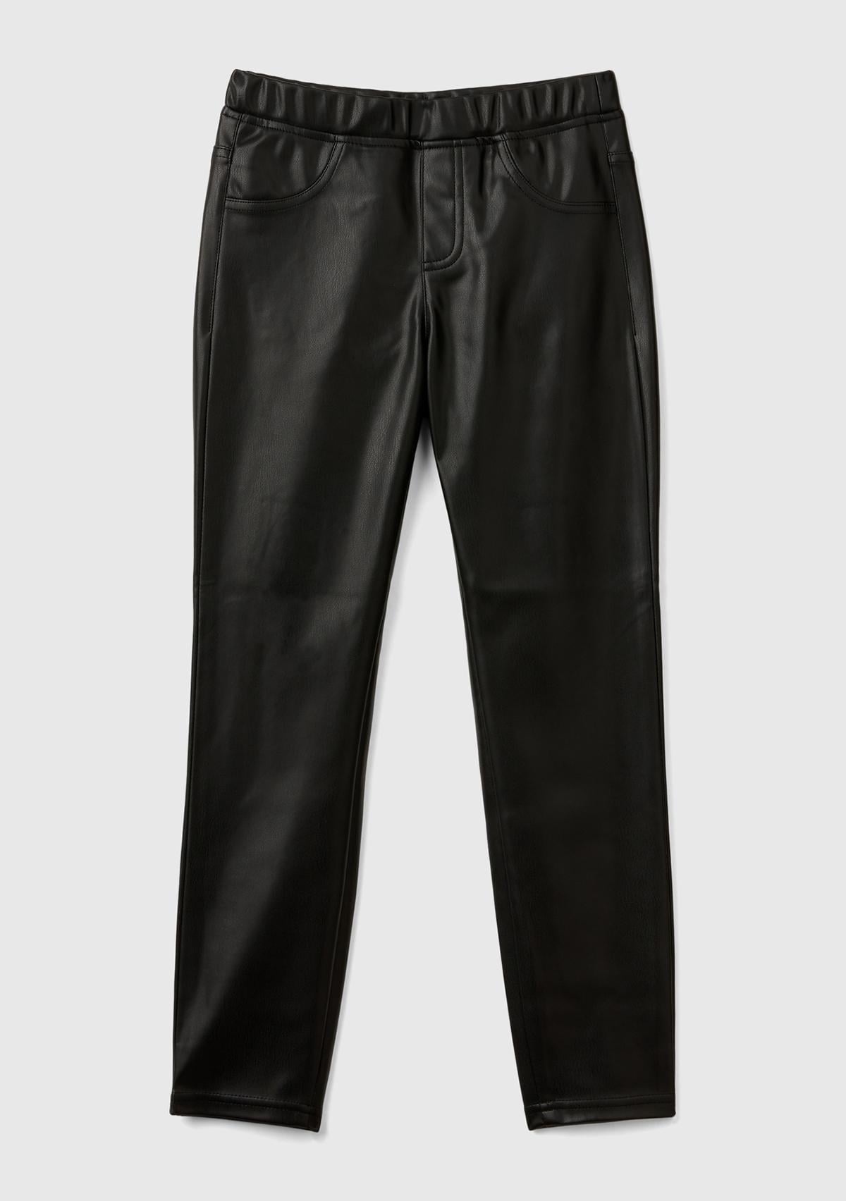  Kız Çocuk Siyah Önü Yalancı Arkası Yama Cepli Streç Suni Deri Pantolon