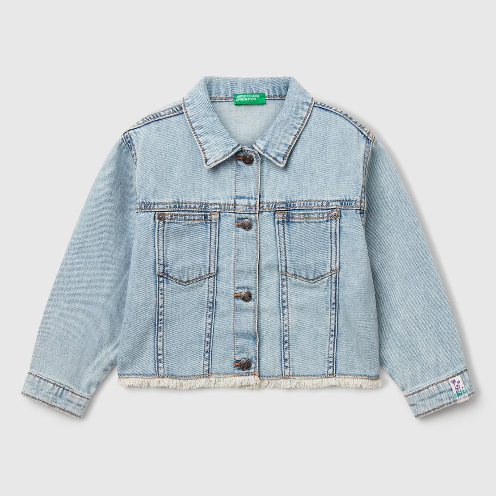 Kız Çocuk Açık Denim Manşetli Denim Ceket