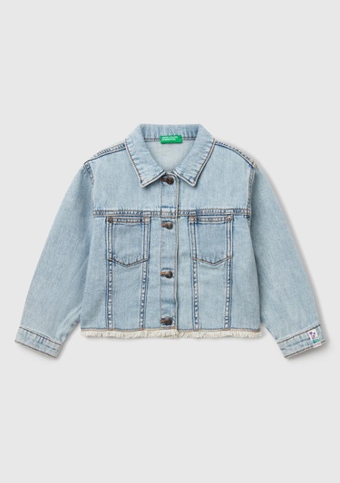  Kız Çocuk Açık Denim Manşetli Denim Ceket