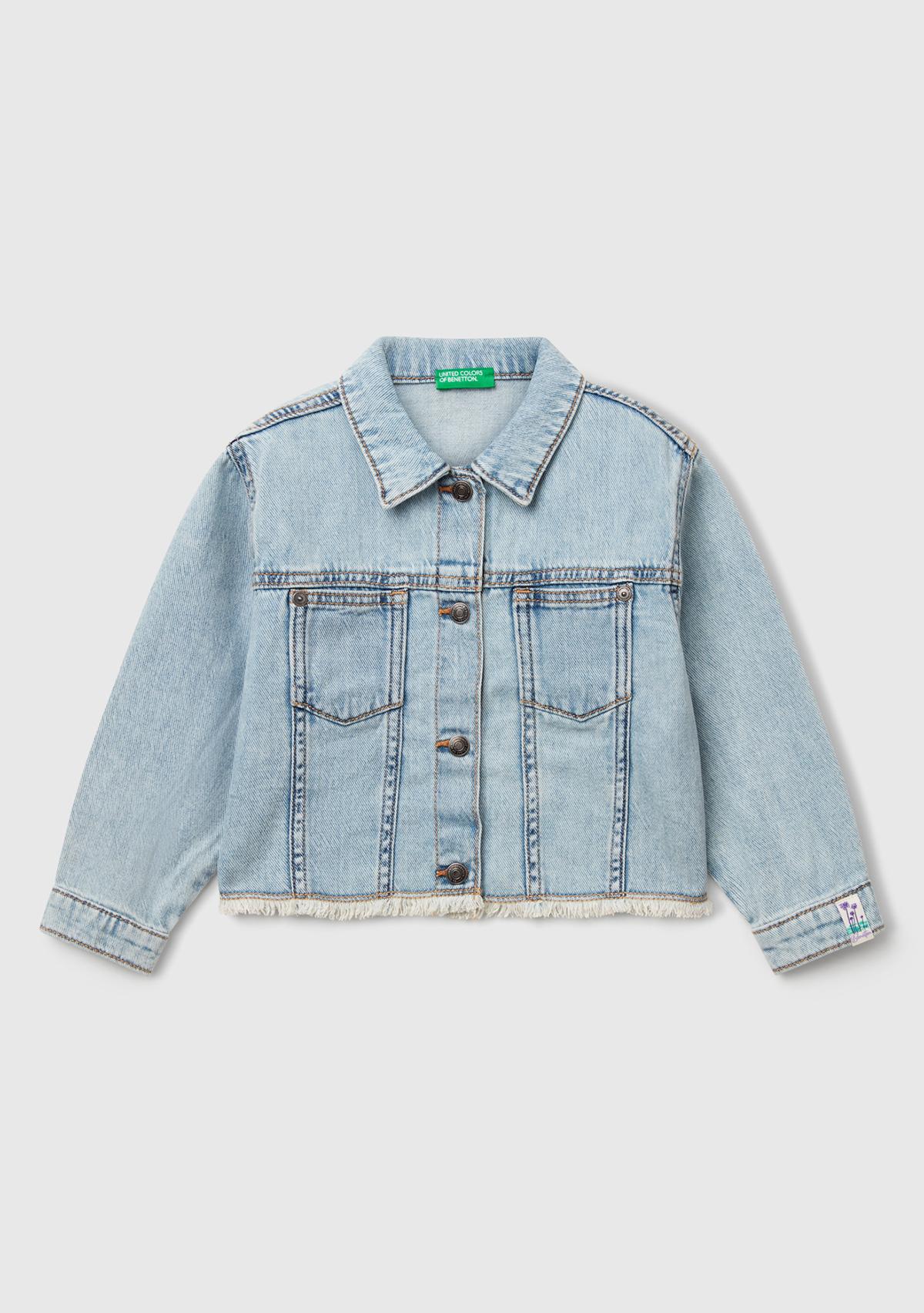  Kız Çocuk Açık Denim Manşetli Denim Ceket