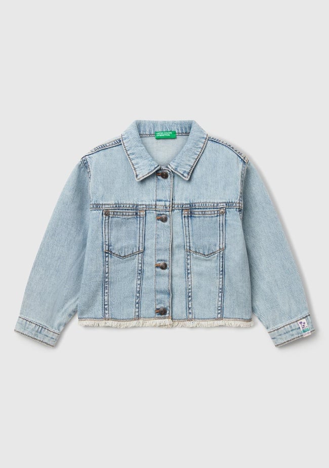  Kız Çocuk Açık Denim Manşetli Denim Ceket