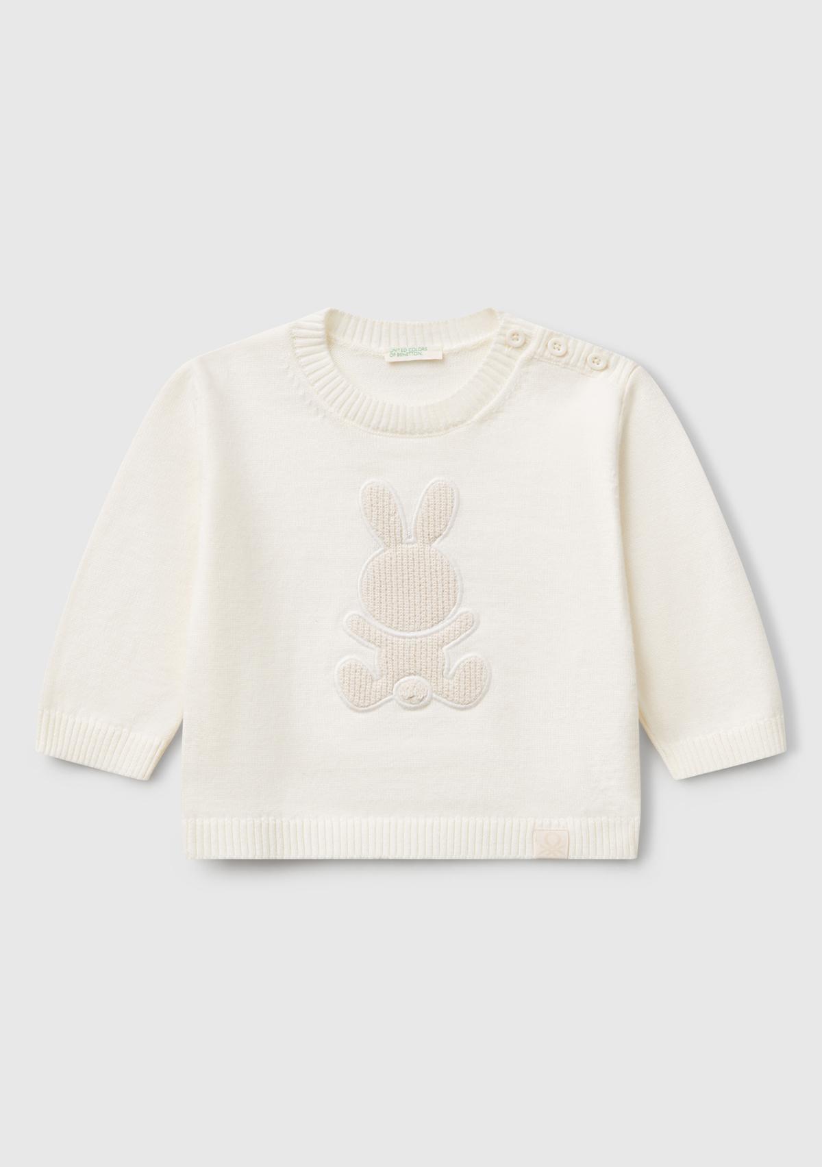  Bebek Beyaz Tavşan İşlemeli Logo Detaylı Bisiklet Yaka Kazak