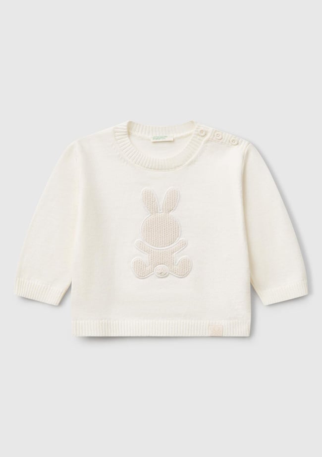  Bebek Beyaz Tavşan İşlemeli Logo Detaylı Bisiklet Yaka Kazak