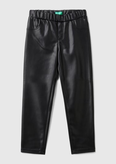  Kız Çocuk Siyah Beli Lastikli Dar Kesim Suni Deri Pantolon