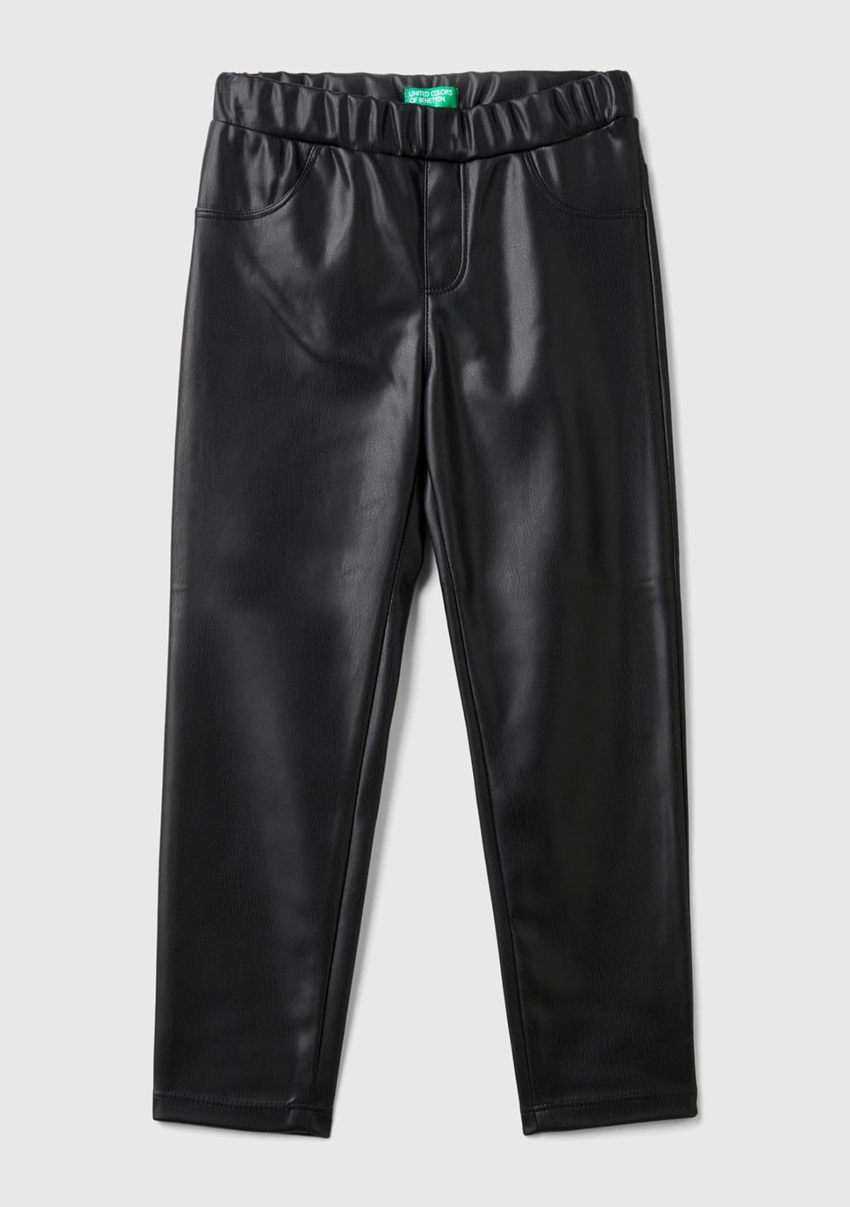  Kız Çocuk Siyah Beli Lastikli Dar Kesim Suni Deri Pantolon