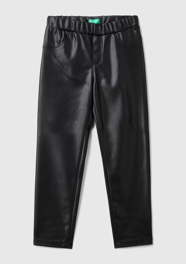  Kız Çocuk Siyah Beli Lastikli Dar Kesim Suni Deri Pantolon