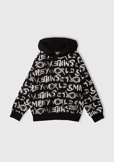  Erkek Çocuk Siyah Tamamı Baskılı Kapüşonlu  Sweatshirt