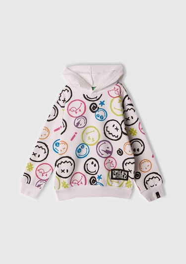  Erkek Çocuk Beyaz Tamamı Baskılı Kapüşonlu  Sweatshirt